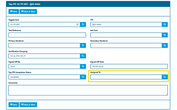 Figure 1. Tag ITR Edit page with the new Assigned To Field Highlighted