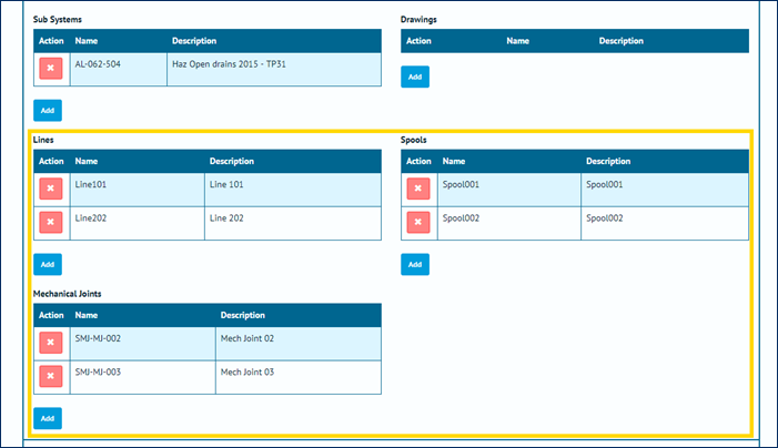 Figure 4. Test Pack Edit Page with the Line, Spool and Mechanical Joint sections highlighted.