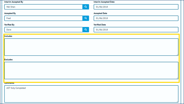 Figure 7. Handover Edit page with the Includes and Excludes Fields Highlighted