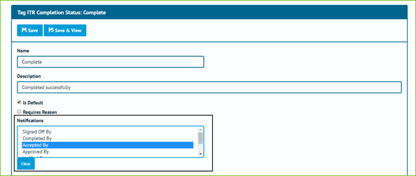 Screenshot of the Tag ITR Completion Status Edit Page with Notification Section Highlighted