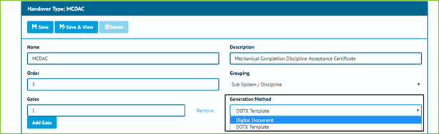 Screenshot of Handover Type Edit page with Generation Method Highlighted